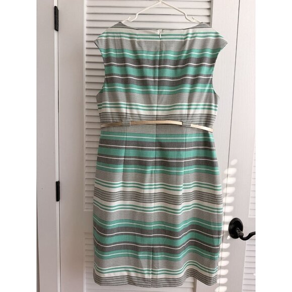 Calvin Klein 16W Sheath Dress Green Gray Stripe Belted Knee Length Lined Career - Picture 3 of 10